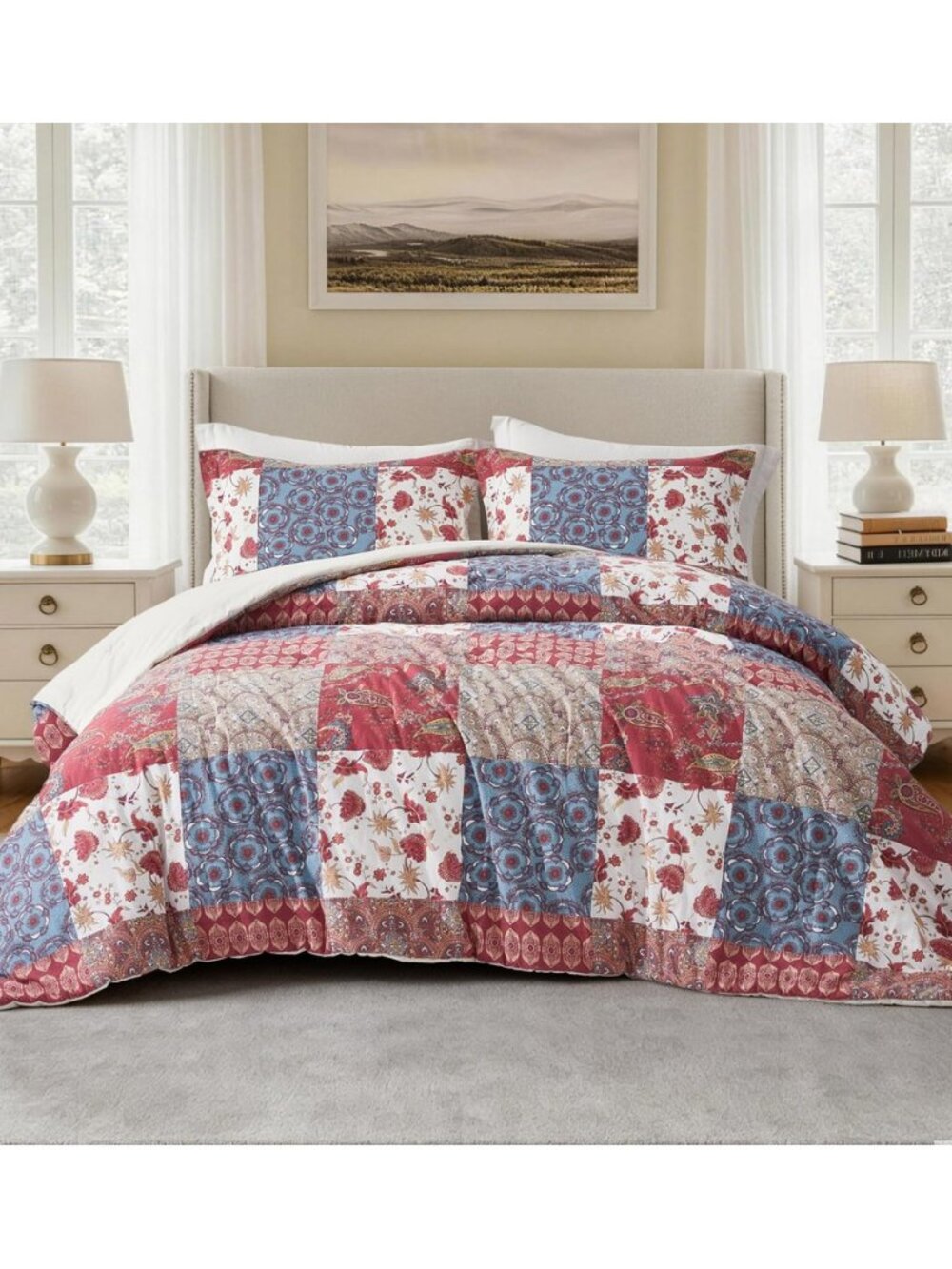 Rowan 3-Piece Washed Cotton Comforter Set, Full Size, Printed Patchwork Vintage